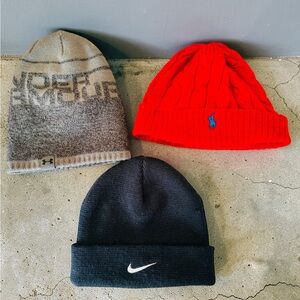 3 Lot Boys Beanies Toboggan Nike Under Armour Ralph Lauren EUC
